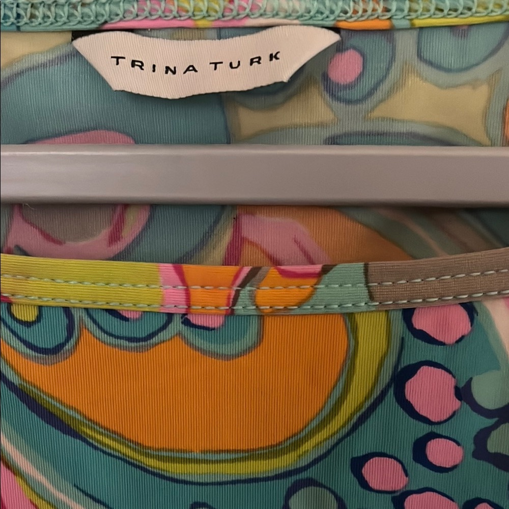 Trina Turk Multicolor Paisley Print Boatneck Top - Teal, Yellow, Pink - Picture 2 of 8